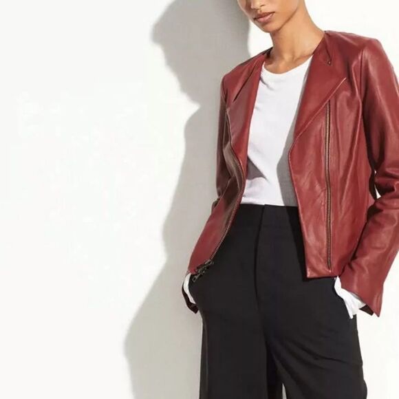 Vince Jackets & Blazers - Vince Leather Moto Red Jacket Collarless Asymmetric Zip Size S